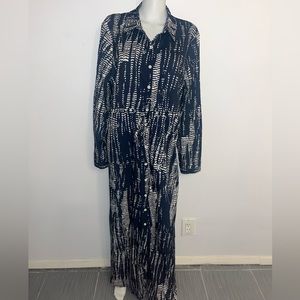 Long Sleeve Navy and White Printed Shirt Dress
